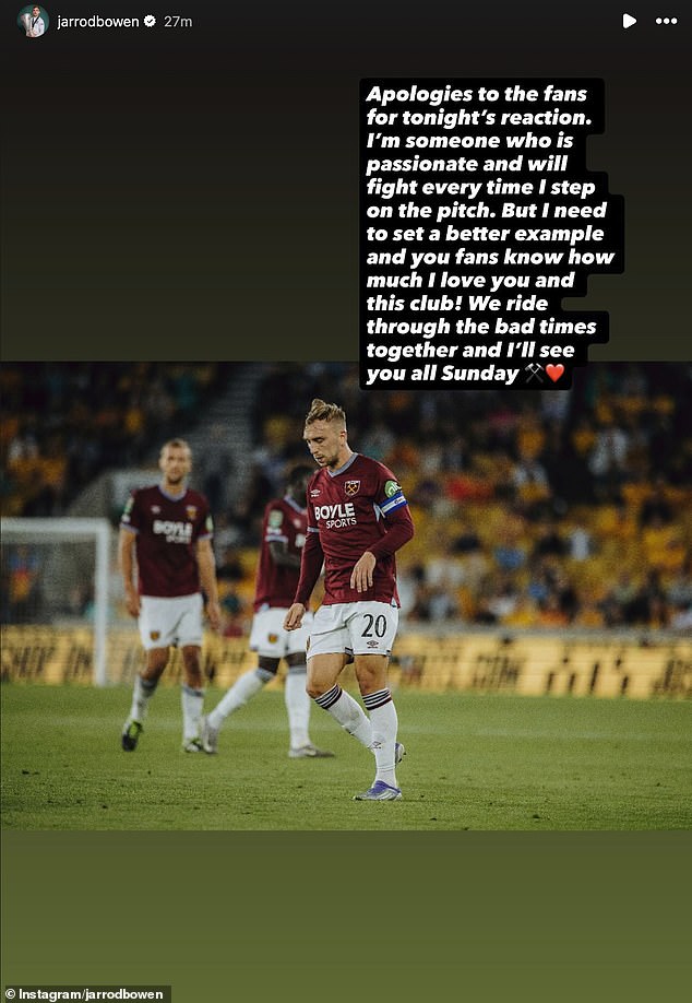 Hours later, Bowen took to Instagram to apologise for his reaction. 'Apologies to the fans for tonight's reaction,' he wrote