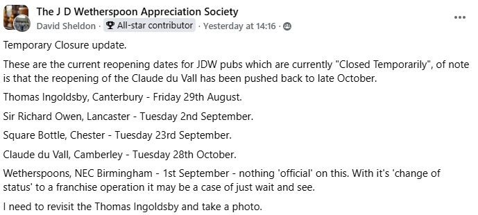 Screenshot of a Facebook post listing Wetherspoon pub reopening dates.