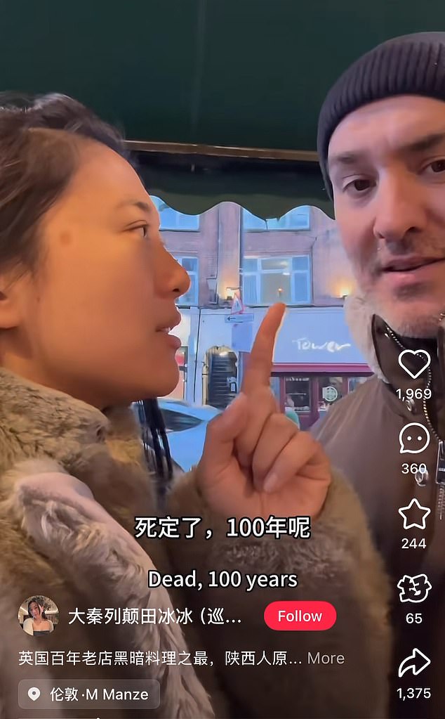 Tian Bi Bi pretends to scold her boyfriend Damian for not taking her to a fancy restaurant in The Shard, but instead to Manze¿s, a traditional English eel, pie and mash shop in Southwark