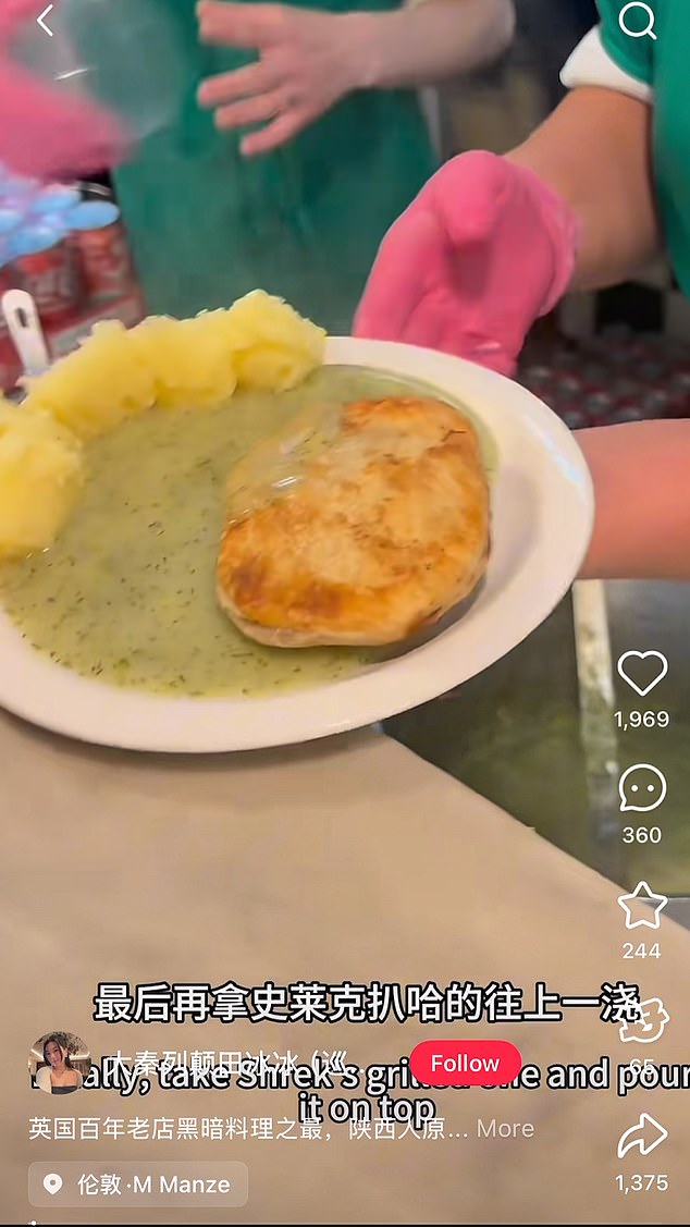 Not mush to say: Chinese singer and social media influencer Tian Bi Bi tried traditional English pie and mash at Manze's near Tower Bridge - and was left unimpressed