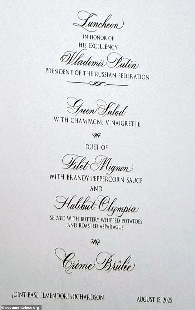 Sensitive documents revealed Mr Trump and Mr Putin were due to dine on halibut and steak