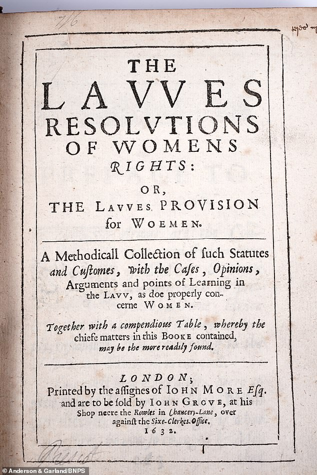 An incredibly rare book that was the first work to recognise women's rights almost 400 years ago has sold for thousands of pounds. The landmark legal tomb is titled The Lawes Resolutions of Women's Rights and was published in 1632