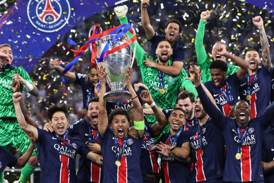 Paris Saint-Germain players celebrating a victory, Marquinhos lifting the trophy.