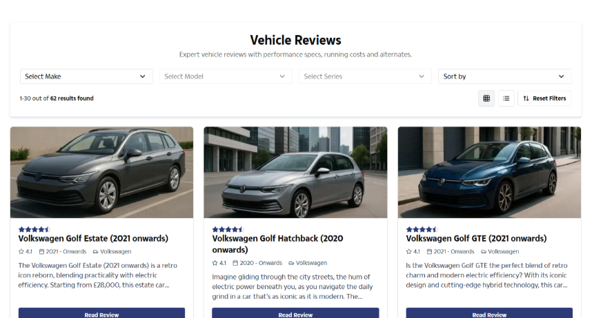 Screenshot of website showing Volkswagen Golf reviews.