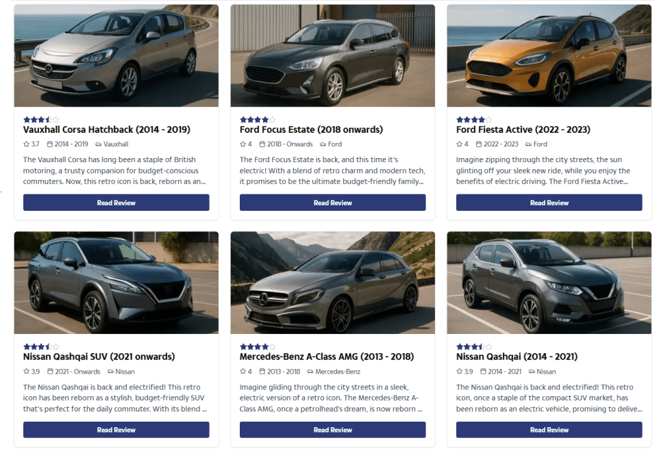 Collage of six car review cards.
