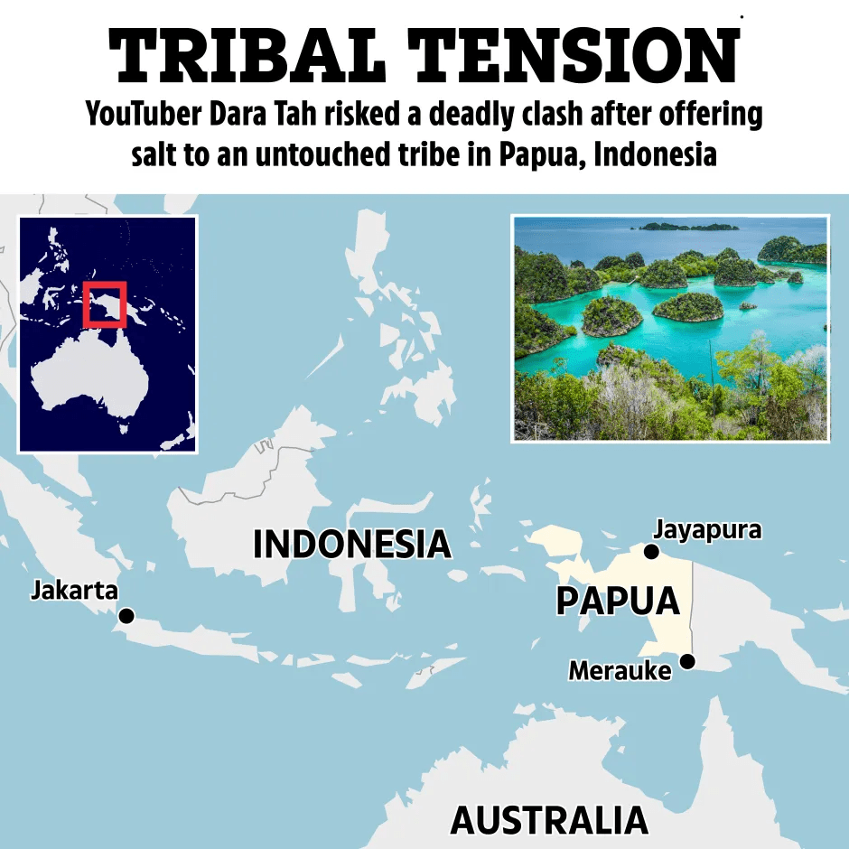 Map of Indonesia showing Papua, where YouTuber Dara Tah risked a deadly clash.
