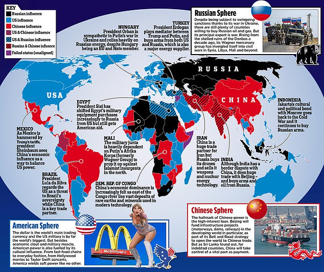 Our map reveals this shifting balance of power and the most hotly contested regions. The blue represents the US and countries under her sway – including most of Europe. Red is for China and black is the Russian Federation