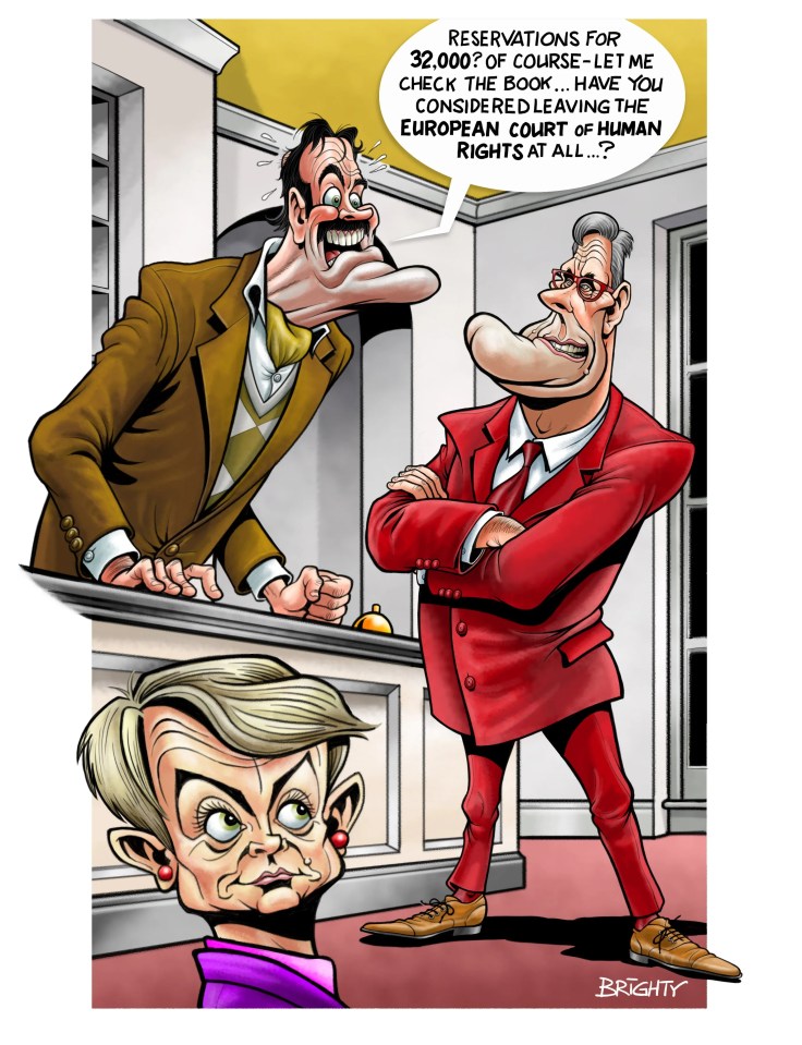 Illustration of three caricatured figures at a hotel reception desk, with one asking about a large reservation.