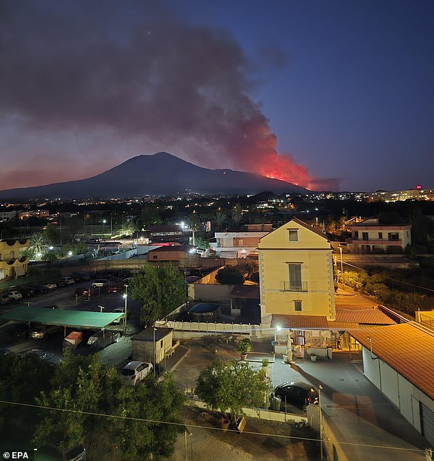 Wildfires have hit Mount Vesuvius as deadly blazes sweep through Europe amid a scorching heatwave. Pictured: A large fire on the slopes of Mount Vesuvius near Naples, Italy, 08 August 2025