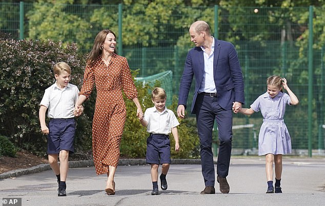 Prince George, Catherine, Princess of Wales, Prince Louis, Prince William and Princess Charlotte arrive for a settling in afternoon at Lambrook School, near Ascot, England