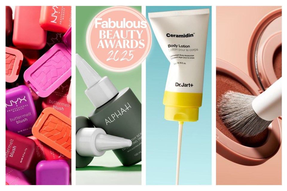 Collage of beauty products and the 2025 Fabulous Beauty Awards logo.