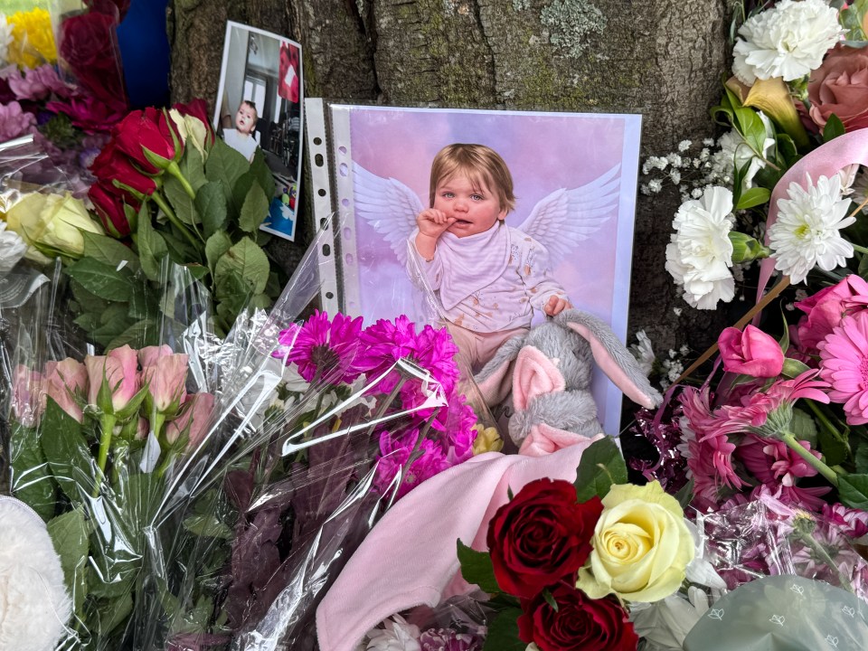 Flowers and photos at a memorial for a deceased child.
