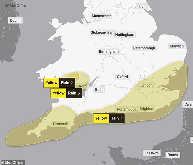 The Met Office issued a yellow warning for rain between 10pm today and 12pm tomorrow