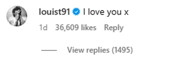 Louis commented, 'I love you' under the picture of them kissing, which Zara shared with her followers on Monday evening