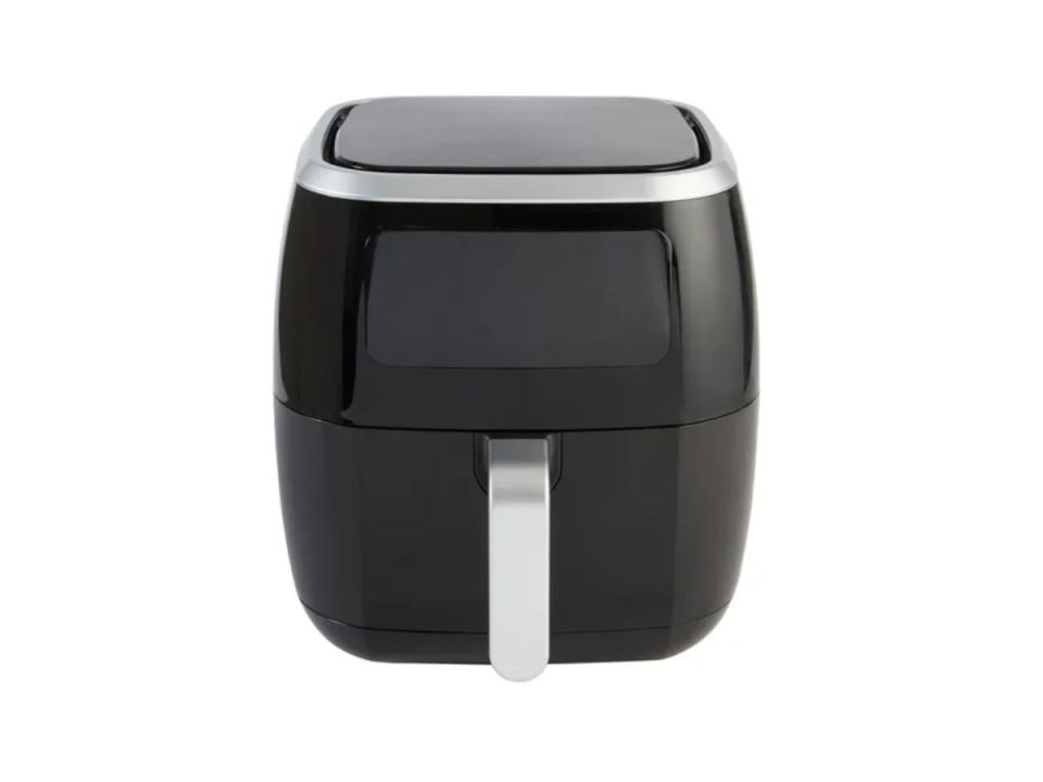 Black air fryer with silver accents.
