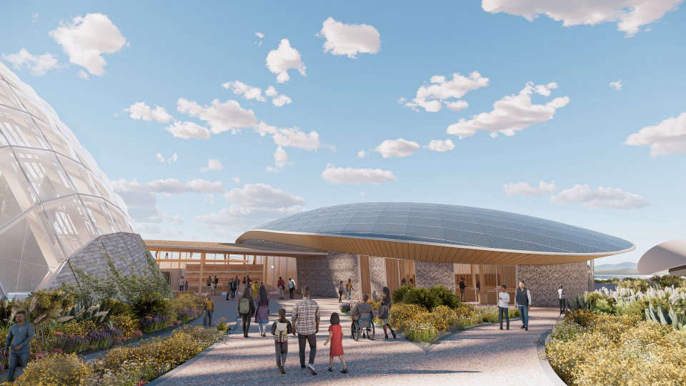 Illustration of a building with a solar panel roof and people walking around it.