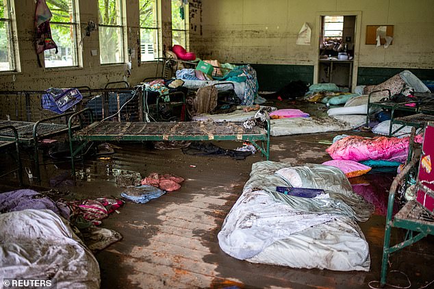 The all-girls camp was in a low-lying area, which is likely why it was hit so hard by the wall of water PICTURED: Destroyed bedding and the girls' belongings at Camp Mystic)