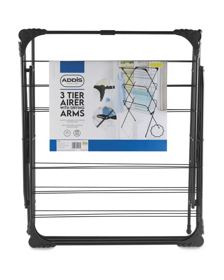 Three-tier black clothes airer with drying arms.