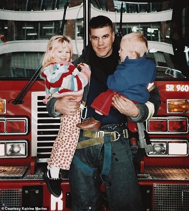 Kristin Marino, 27, was only three years old when her father, Kenneth, was killed in the September 11 attacks. They are pictured here with her younger brother, Tyler