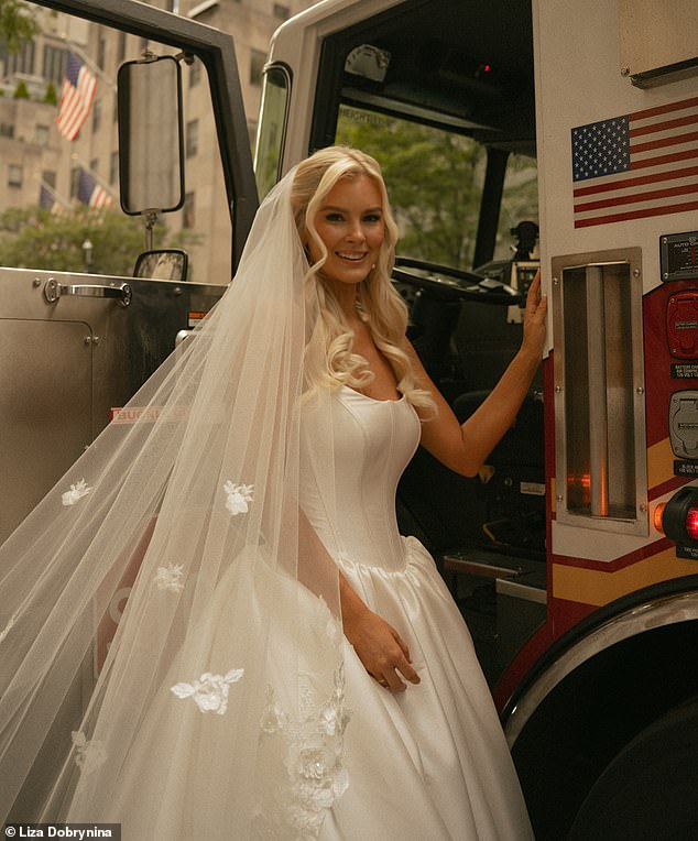 The firefighters transported the bride to Rockefeller Center's 620 Loft & Garden, where she married musician Noah Schnacky