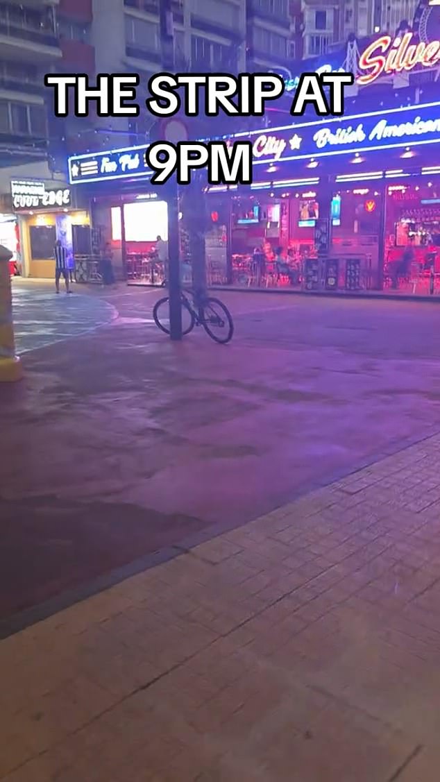 The clip shows deserted strips where the crowds would normally be spilling into the streets