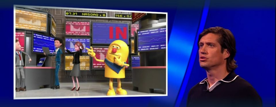 Illustration of a game show segment featuring animated characters in a stock market setting.