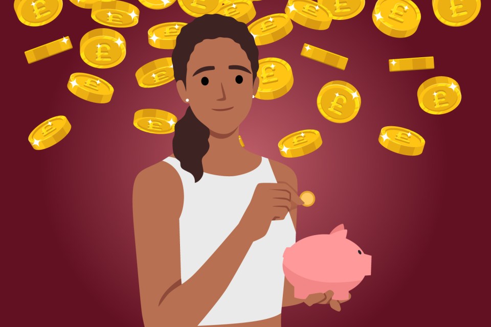 Illustration of a woman putting a coin into a piggy bank with British pound coins falling around her.