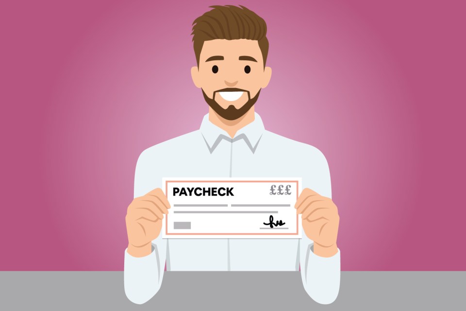 Illustration of a man holding a paycheck.