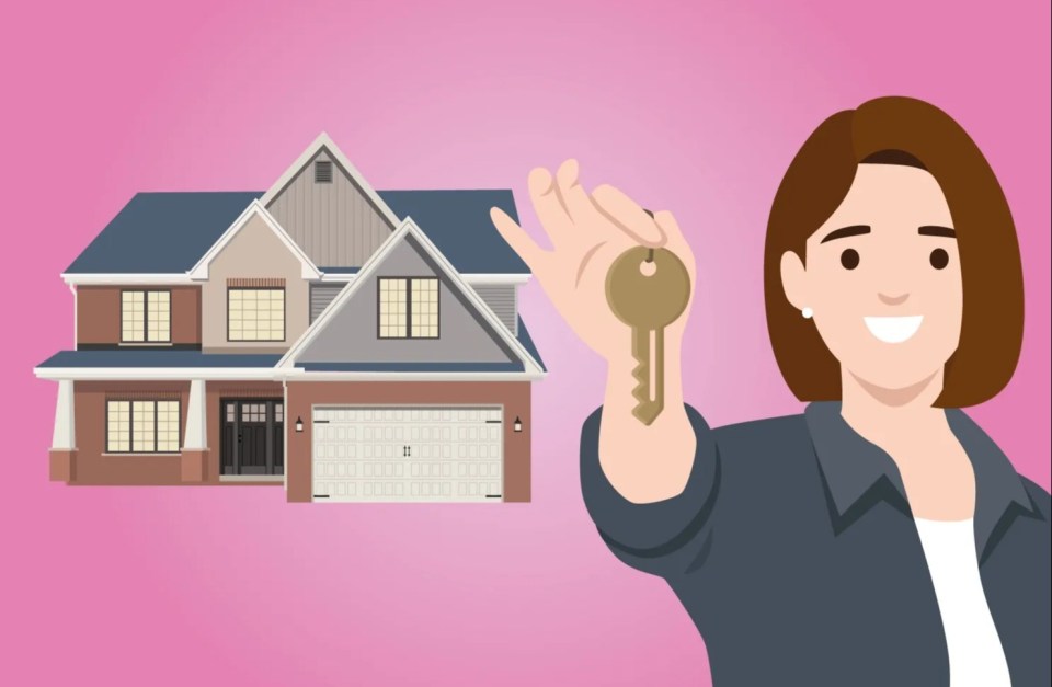 Illustration of a woman holding a house key in front of a house.