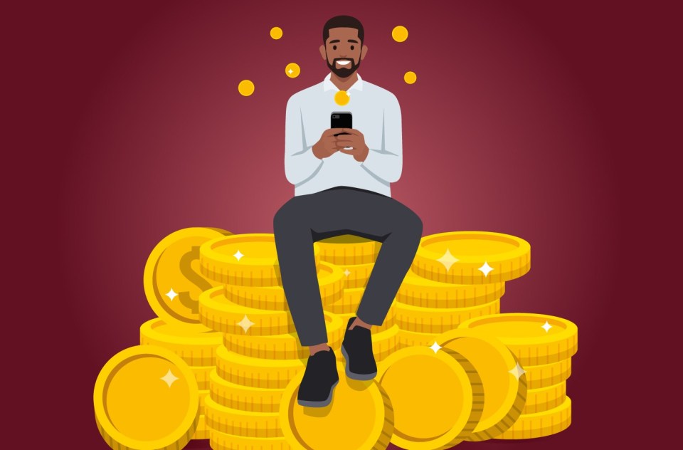 Illustration of a man sitting on a pile of gold coins, using a smartphone.
