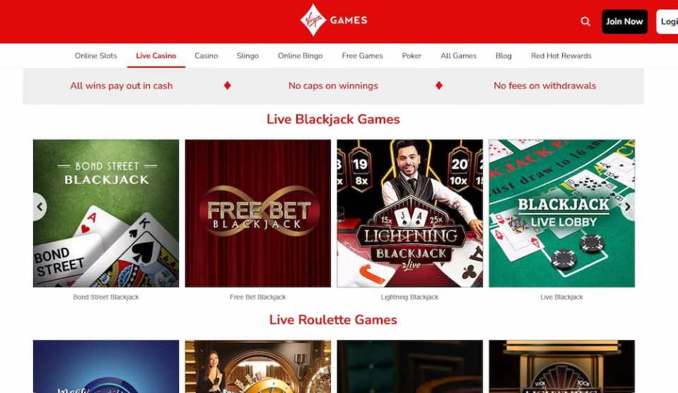Virgin Games Casino live blackjack and roulette games.