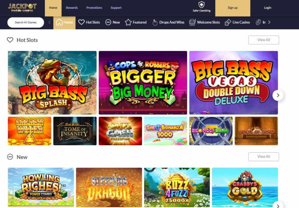 Jackpot mobile casino game selection.