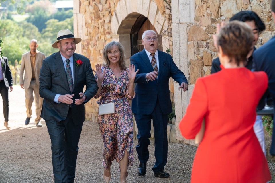 Still from Neighbours: The Next Chapter showing Karl Kennedy, Jane Harris, and Harold Bishop.