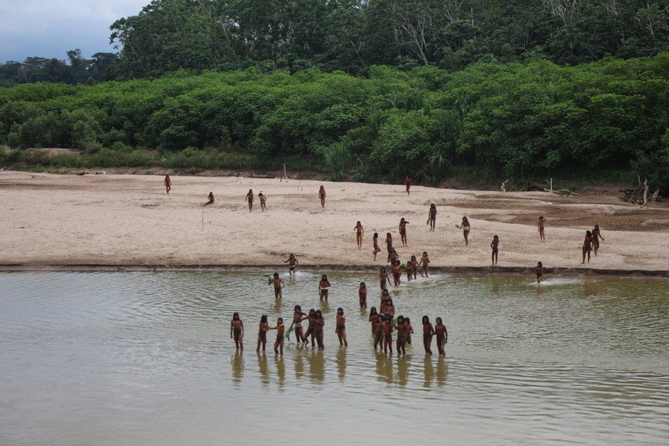 Members of the Mashco Piro Indigenous community in Peru gather by a river.