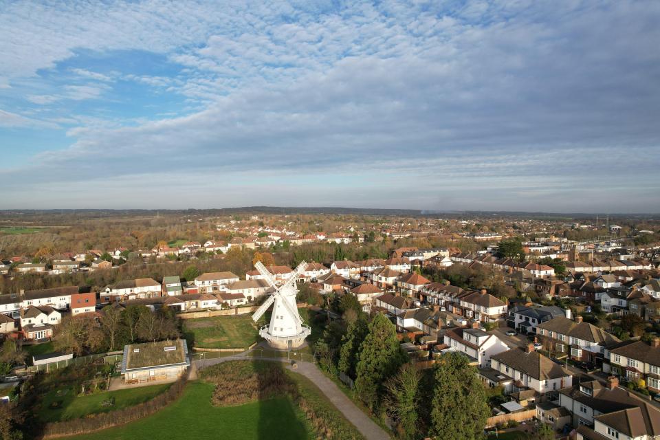 Aerial view of Upminster Windmill and surrounding houses.