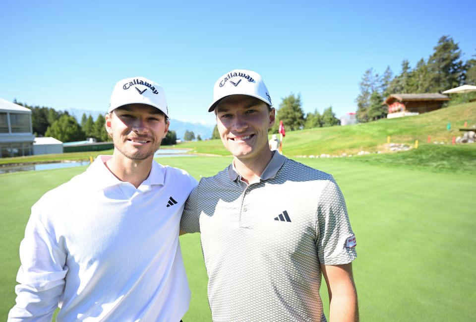 Rasmus Højgaard and Nicolai Højgaard, Danish golfers, at a practice round.