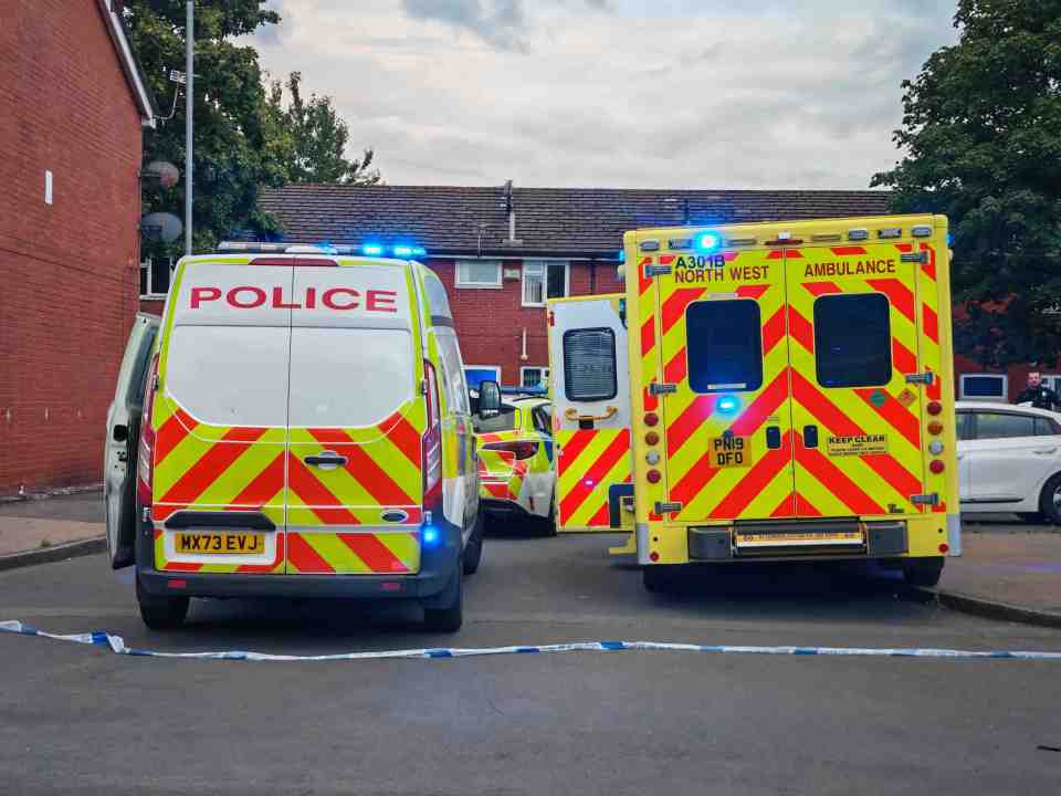 Police and ambulance vehicles at a crime scene.