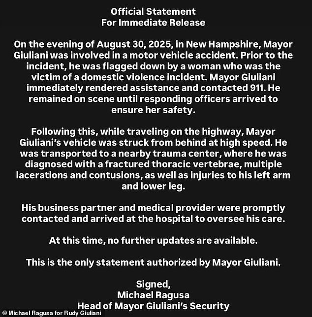 A spokesman for Giuliani announced his Saturday night car crash via a statement on X