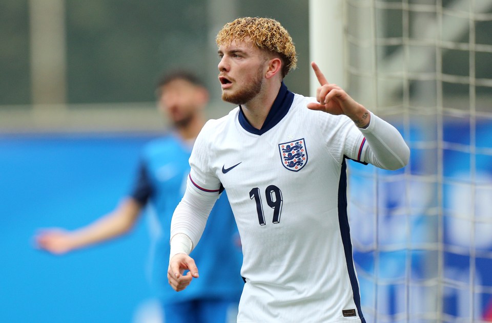 Harvey Elliot of England celebrates scoring a goal.