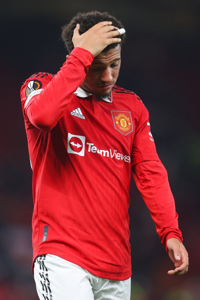 Jadon Sancho of Manchester United looking dejected.