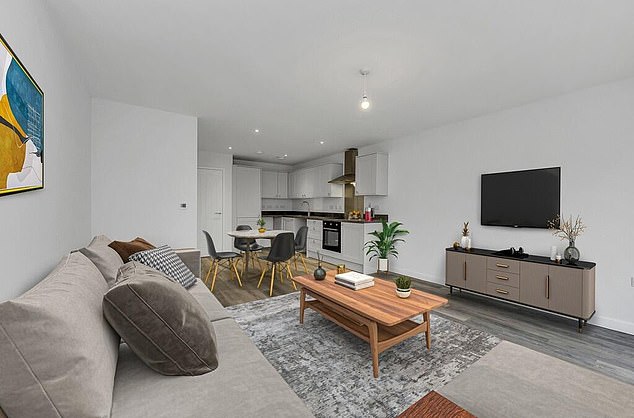 Asylum seekers living in the properties are doing so rent-free - with expected rent in the area coming in at around £1,200 for a home of this size (Pictured: the living room and kitchen)