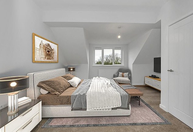 The houses feature an array of impressive features such as en-suite bathrooms, electric vehicle charging points and underfloor heating (Pictured: one of the bedrooms)