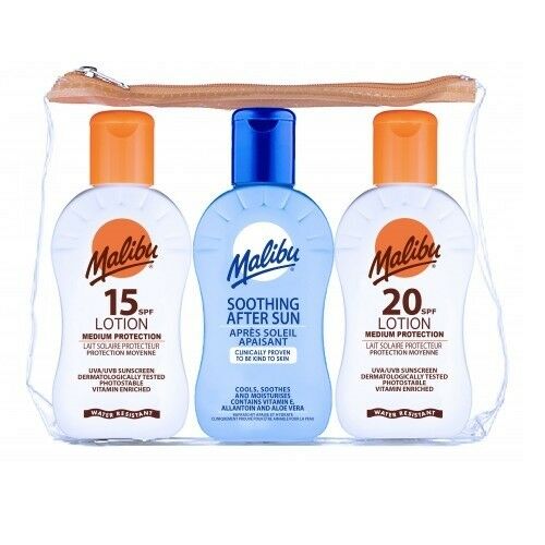 Malibu sun care travel pack with SPF 15 lotion, after-sun lotion, and SPF 20 lotion.