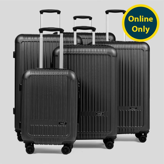 Set of five black hard shell suitcases; online only.