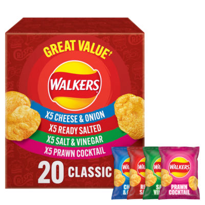 Box of 20 Walkers crisps in four flavors: cheese & onion, ready salted, salt & vinegar, and prawn cocktail.