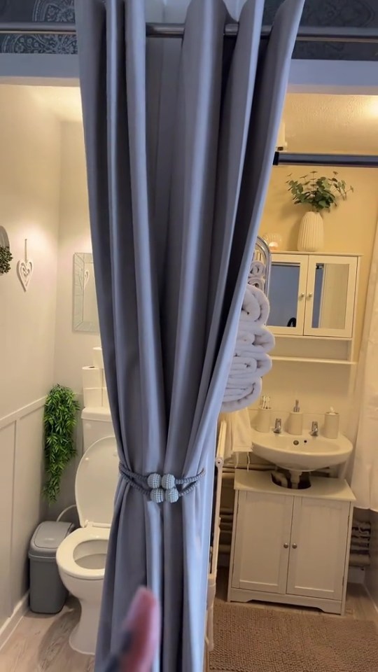 Bathroom with gray curtain partially obscuring toilet and sink.