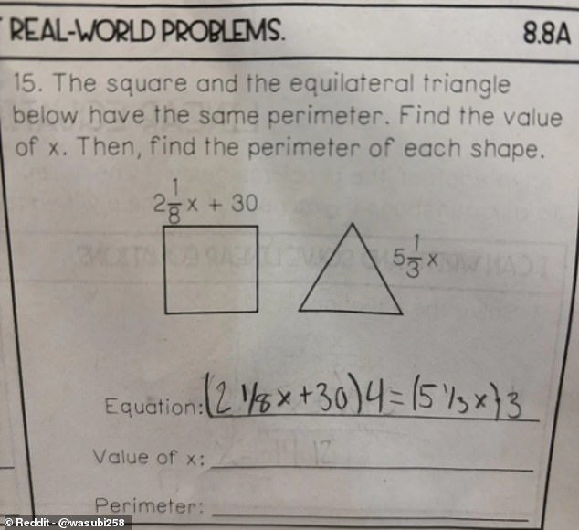 A parent, who appears to be from the US, posted this maths problem on the 'HomeworkHelp' subreddit on the Reddit discussion forum.