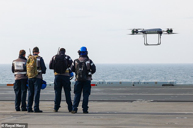 The space-aged Malloy T-150 octo-copter flew from flagship HMS Prince of Wales to destroyer HMS Dauntless during the navy's major deployment to the Indo-Pacific.