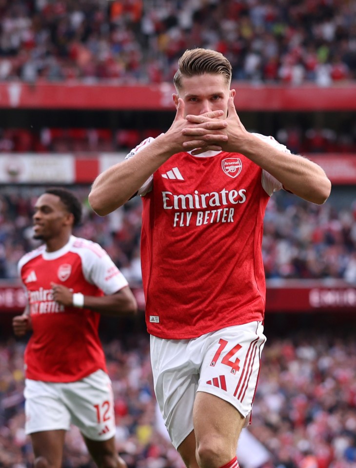Viktor Gyokeres of Arsenal celebrates scoring a goal.
