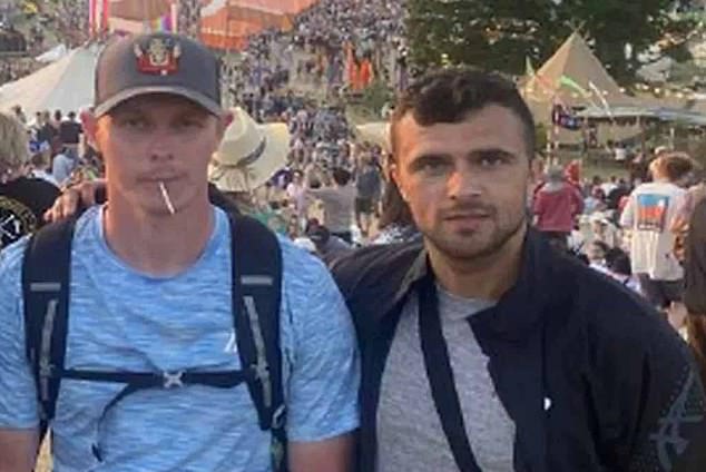 Elias Morgan (right) is pictured attending Glastonbury Festival in Somerset in June 2023 with co-defendant Anthony Cleary (left). Cleary was found not guilty of murder and manslaughter